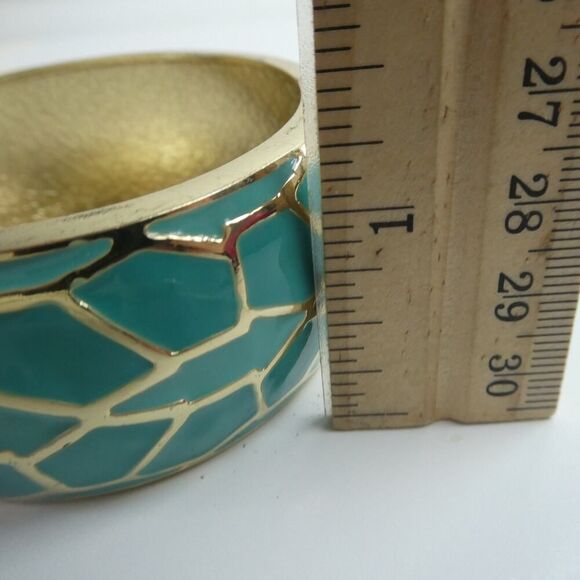 Teal Gold Tone Snakeskin Animal Print Hinged Wide Chunky Bangle Bracelet - Picture 6 of 6